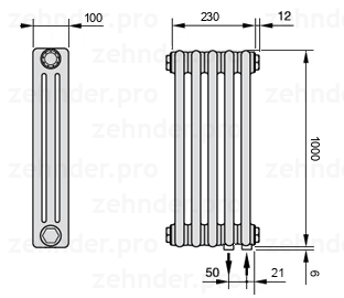 Схема (чертеж) Радиатор Zehnder Charleston 3100/5 №5510 Белый глянцевый RAL 9016